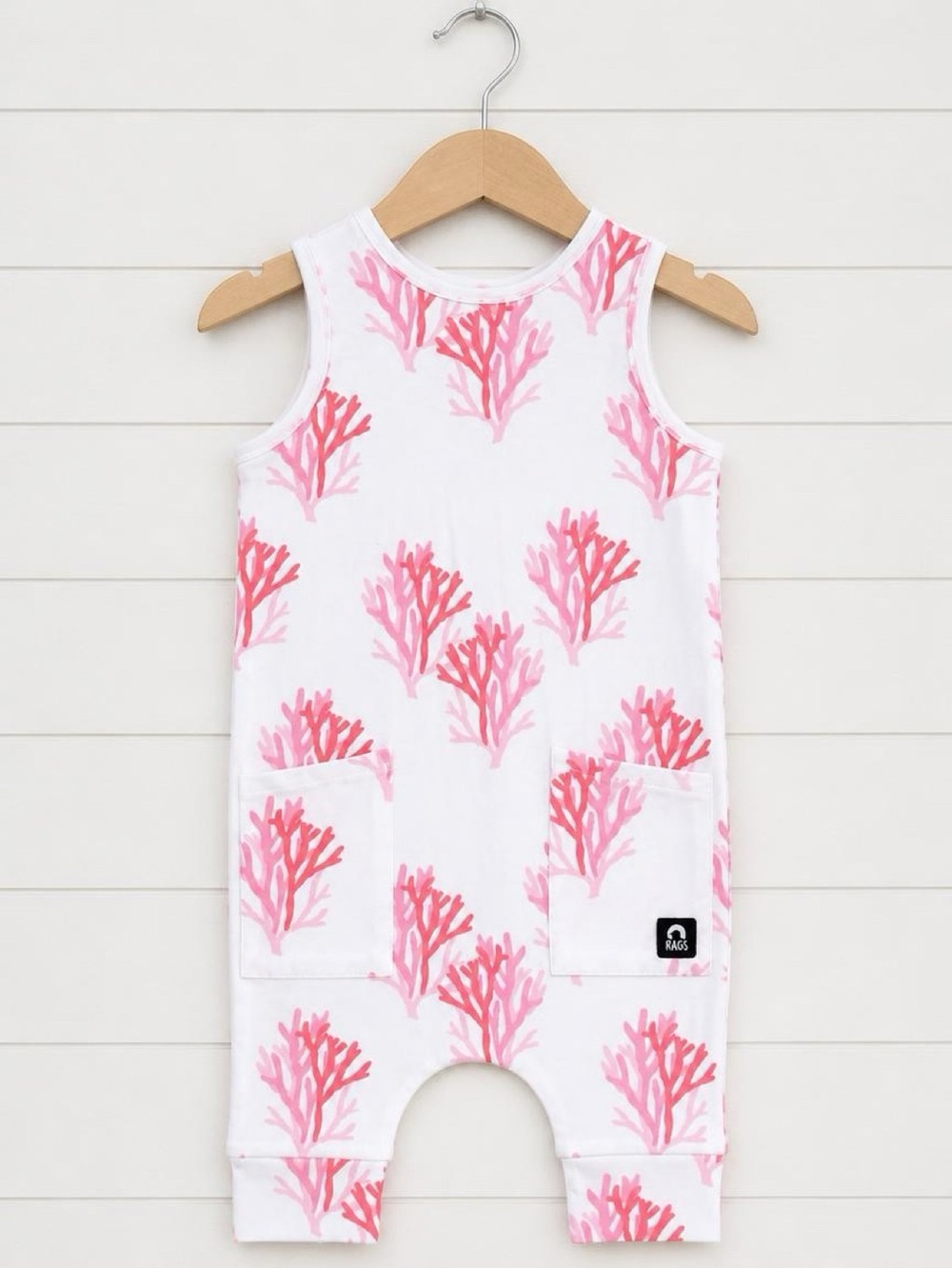 RAGS 2T Coral Print Tank Romper White Pink Pockets Stretch Summer Outfit NWT